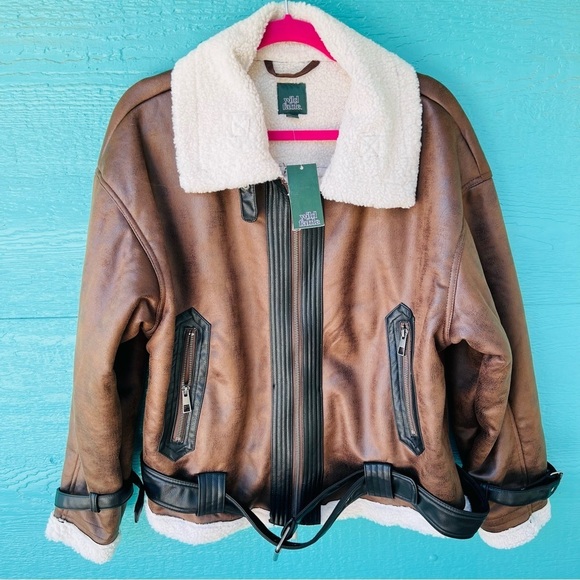 Faux Shearling Aviator Jacket Vintage Style Wild Fable Brown SIZE XL NWT - Picture 3 of 11
